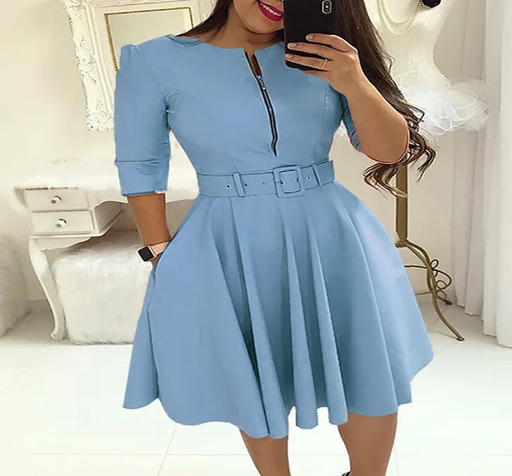 Стиль, рукав три четверти, молния, пояс, модное женское короткое платье, Европа, горячая Распродажа, милый стиль, плиссированное мини платье - Цвет: Синий