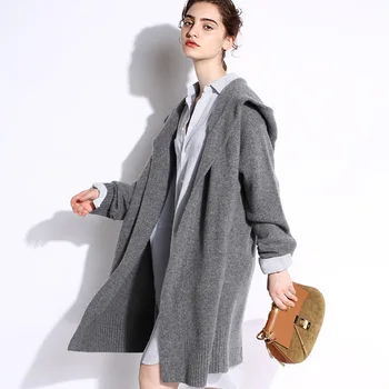 

Popular Autumn Winter Women's Cashmere Coat Simple Burgundy Thickened Large Hooded Knitted Coat Medium Length Gray Cardigan