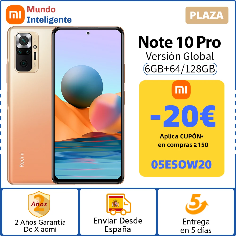 -20€ Código:  05ESOW20 ,Xiaomi Redmi Note 10 Pro versión Global 64GB /128GB 108MP Cámara 120Hz AMOLED pantalla Snapdragon 732G 5020mAh 33W de carga rápida