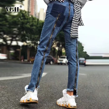 

VGH Casual Patchwok Fake Zipper Women Full Length Jeans High Wiast Denim Irregular Sexy Pencil Pants For Female Fashion Clothing