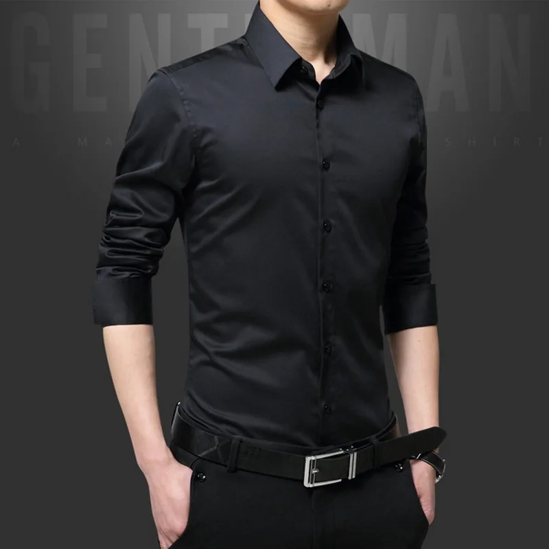 MoneRffi Весна Длинный рукав отложной воротник мужские рубашки корейский стиль slim fit Твердые деловые рубашки топы мужские белые рубашки на пуговицах