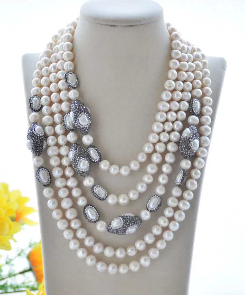 

P7477 100" Black White Round Freshwater Pearl Shuttle CZ Necklace