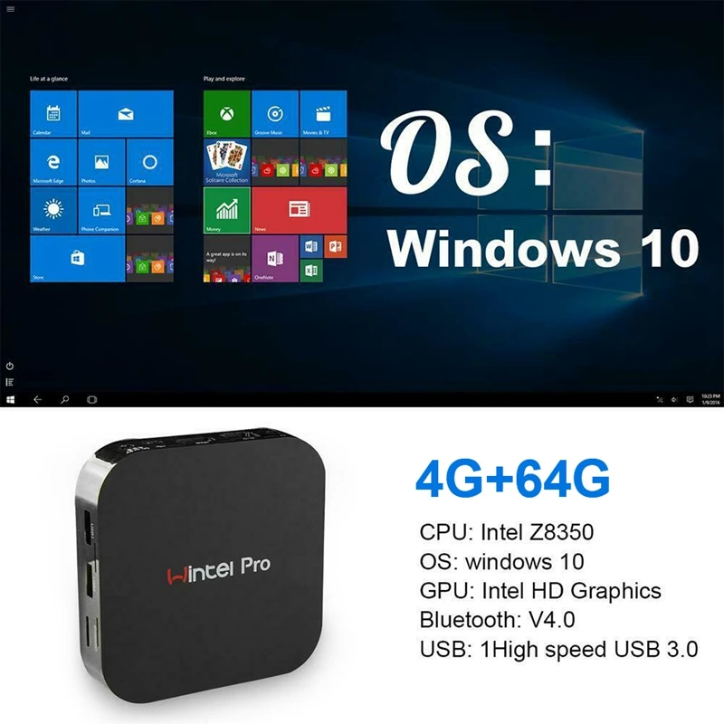 Мини-ПК Windows 10 Wintel Pro Atom Intel четырехъядерный Z8350 1,84 ГГц 4 Гб/64 Гб Dual 2,4G/5G wifi 100M LAN настольные компьютеры мини ПК