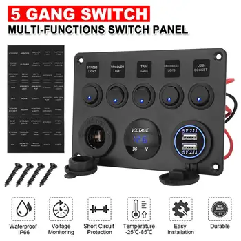 

5 Gang Car Marine Boat LED Rocker Switch Panel Waterproof Circuit Digital Voltmeter Dual USB Port 12V Outlet for BMW E46 Audi A4