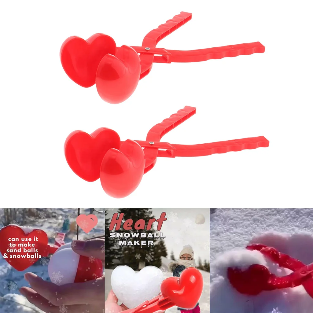 2pcs Herat Shape Snowball Clamp Clip with Handle Plastic Snowball Maker Clip Children Outdoor Winter Snow Sand Ball Mold Tools