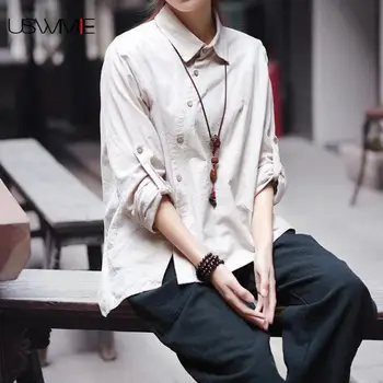 

2020 Autumn Plus Size Tops Art Rerto Turn-down Collar Solid Color Women Blouses Long Sleeve Irregular Hem Oblique Button Shirt