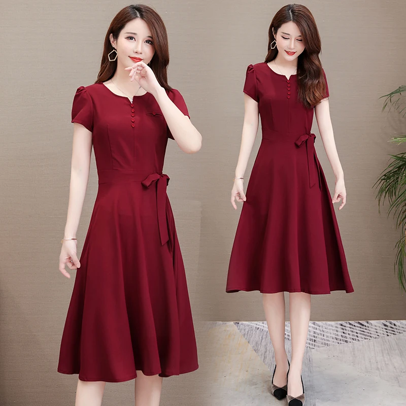COIGARSAM 4XL Plus Size Chiffon Women dress New Summer Short Sleeve High Waist Dresses Green Navy Wine Red Caramel Color 8551 | Женская