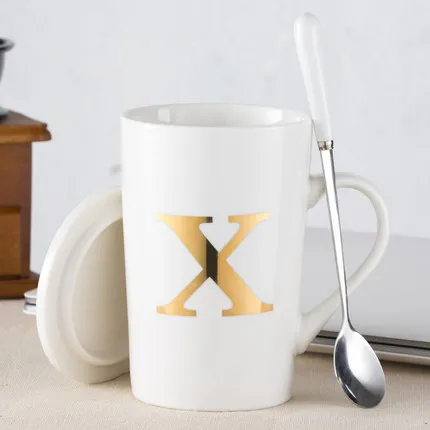 Креативная 26 Английских Букв кружка с крышкой Ложка офисная чашка для воды костяного фарфора Пара кофейная чашка молоко чайная чашка кружка фарфоровая - Color: X