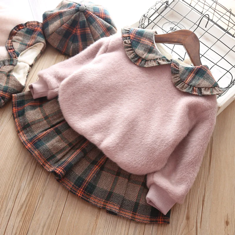 Комплект модной одежды для девочек; зимний свитер с длинными рукавами; рубашка и юбка с свободными беретами и шапочкой; модная детская одежда; детский комплект одежды