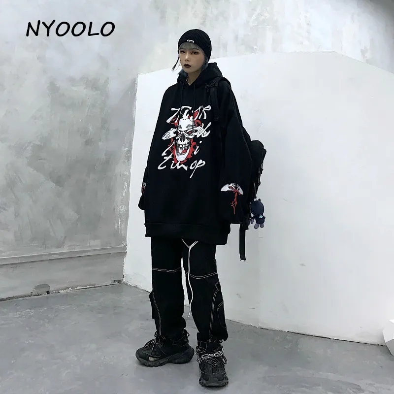 NYOOLO, Harajuku, уличная одежда, Череп, буквы, принт, свободные, теплые толстовки, Осень-зима, плюс бархат, пуловер, толстовка с капюшоном, для женщин и мужчин