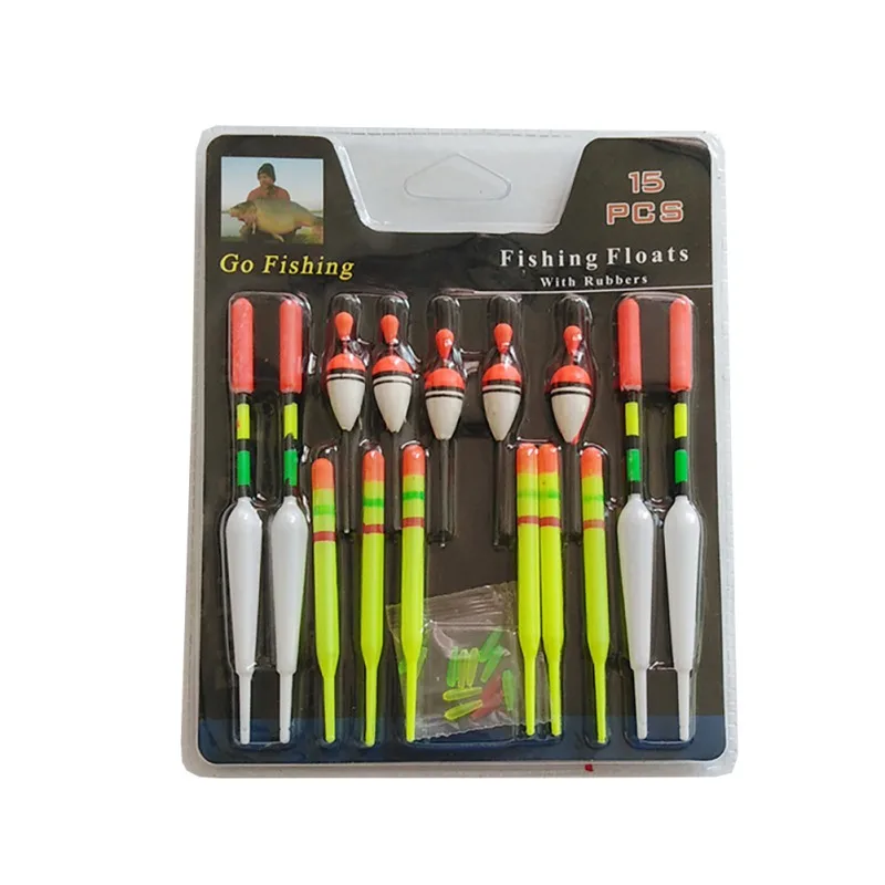 1 set(15Pcs) Vertical Buoy Sea Fishing Floats Assorted Size For Most Type of Angling with Attachment Rubbers Fishing Lures - Цвет: Цвет: желтый