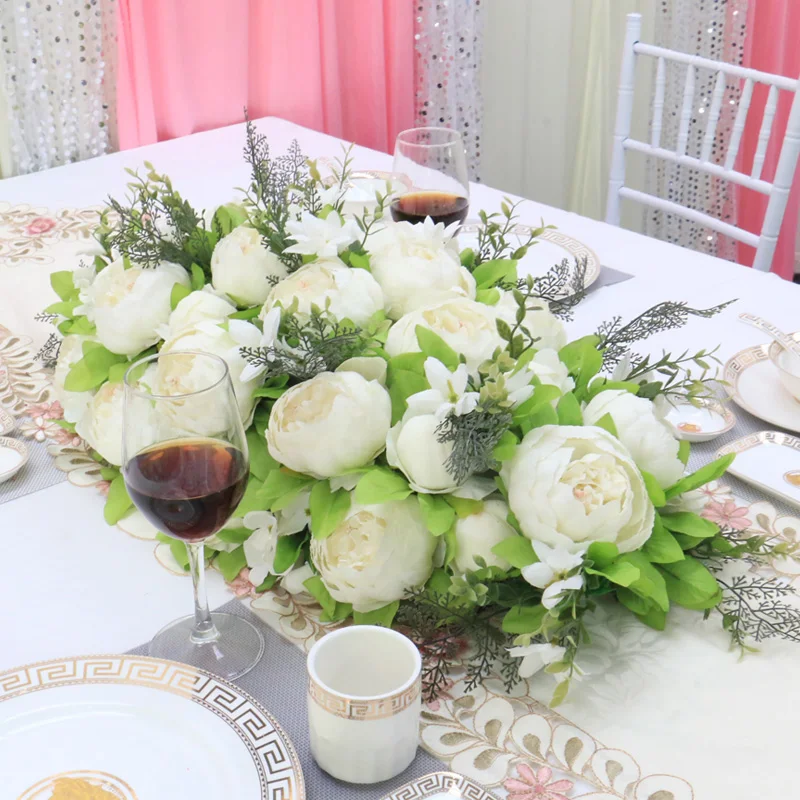 Custom luxury DIY wedding decor table flower runner artificial flower row arrangement table centerpieces rose peonies green leaf