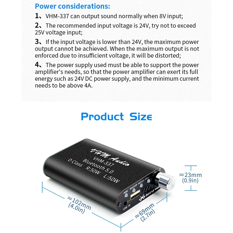 VHM337 50WX2 Mini Bluetooth 5 0 Wireless o Power Digital Amplifier Board Stereo Amp DC 9V 24V