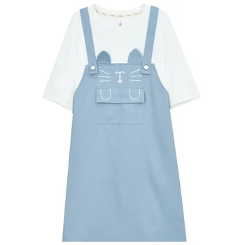 

Korean Summer Cute Dress Women Mori Girl New Fashion Lovely Fake Two Piece Strap Dresses 2020 Japanese Kawaii Cat T Shirt Dress