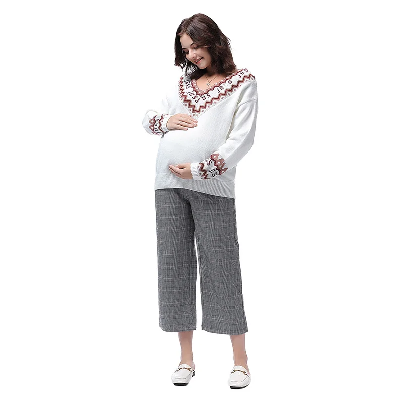 

Spring Autumn Leisure Maternity Nine Pants Adjustable Belt Waist Belly Casual for Pregnant Women Loose Vintage Plaid Loose Pants