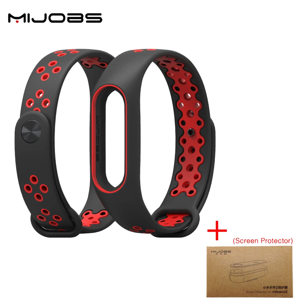Black Red add Film MIJOBS спортивный ремешок Цветной силиконовый браслет двойной цвет сменный Браслет для Xiaomi Mi 2 - Цвет: Black Red add Film