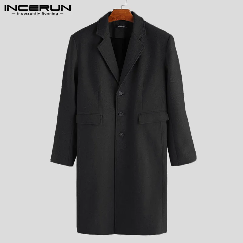 INCERUN зимняя новая мужская шерстяная куртка Длинная ветровка выше колен пальто Высокое качество Мода Мужской отворот шейный теплый пальто 5XL