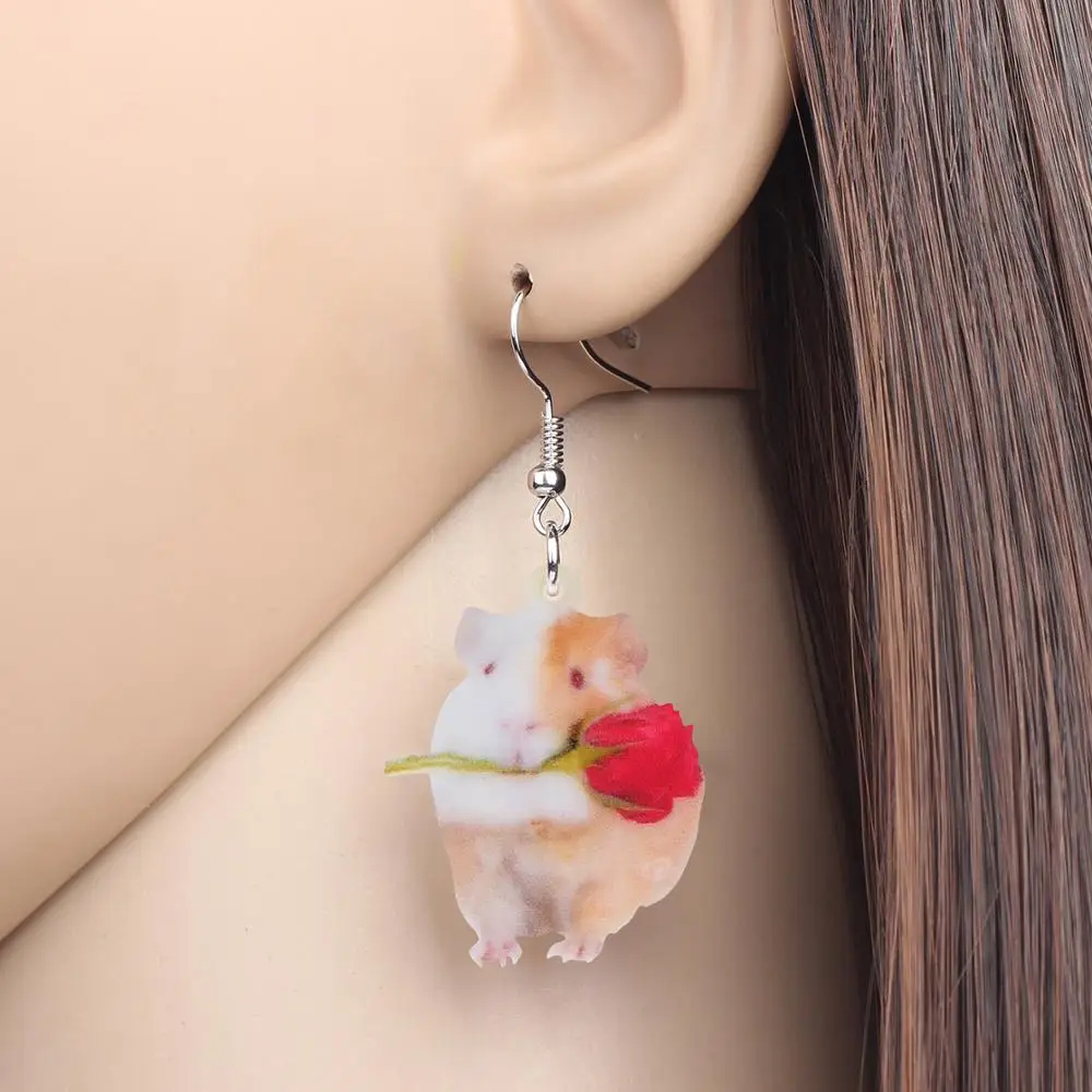Bonsny Acrylic Valentine's Day Guinea Pig Rat Rose Earrings Animal Drop Dangle Jewelry Accessory For Women Girls Teen Charm Gift drop earrings dangle earrings animal earrings acrylic earrings