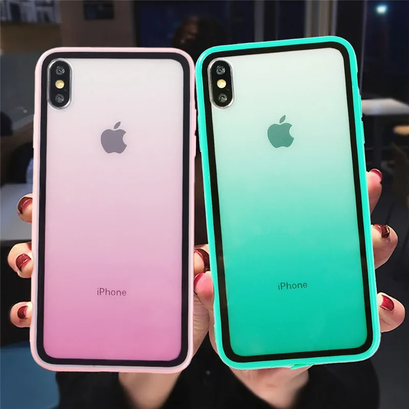 

Rainbow Gradient Soft Silicone Frame Shockproof Case For iphone 11 XS Max XS 6 6s 7 8 Plus Acrylic Transparent Protective Cover