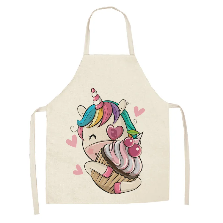 New Linen Apron Unicorn Printed Kitchen Apron Women Baking Waist Bib Home Cooking Brief Sleeveless Pinafore Apron
