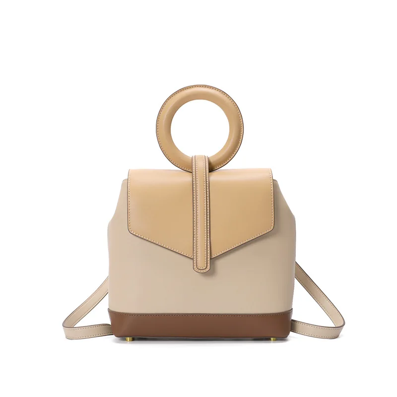

Backpack Female 2019 Ring Handle Portable Color Matching Shoulder Bag Female Large Capacity Schoolbag Cowhide Fashion Bucket Bag