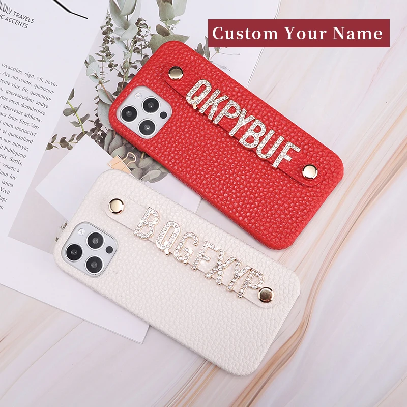 Luxury Custom Initial Name Pebble Leather Phone Case For iPhone 11 12 13 Pro Mini Max XR XS 7 8Plus Diamond Metal Letters Cover Luxury Custom Initial Name Pebble Leather Phone Case For iPhone 11 12 13 Pro Mini Max XR XS 7 8Plus Diamond Metal Letters Cover