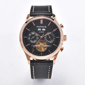

Solid Parnis 43mm black skeleton dial rose gold plated case date week display multifunction automatic movement men's watch