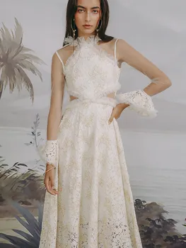 

Original Design AIGYPTOS Spring Women Vintage Dresses Retro Elegant Slim Gold Thread Embroidery Lace Sweet Long White Dresses