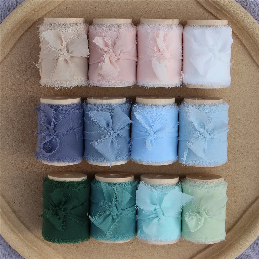 

4 pcs Handmade Frayed Edged Chiffon Silk Ribbon with Wood Spool Wedding Invitation Bouquets 4cmx5.5m Sheer Fringe Ribbon Flatlay