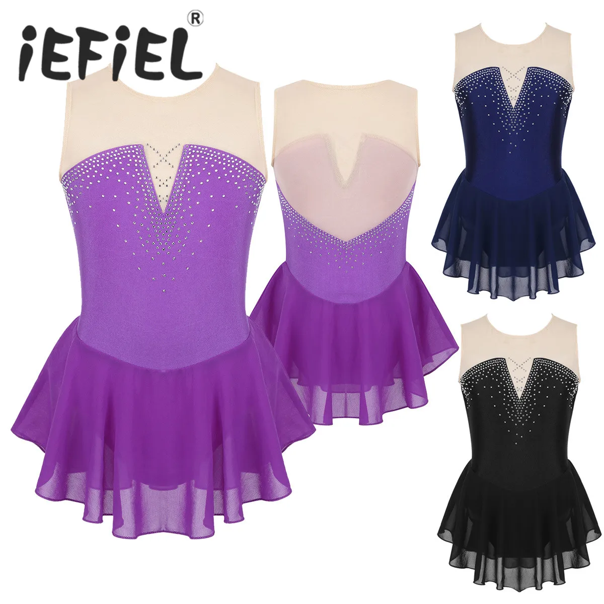

Kids Girls Children Sleeveless Sparkly Inlaid Rhinestone Mesh Splice Skating Ballet Dance Gymnastics Leotard Stage Perform Dress