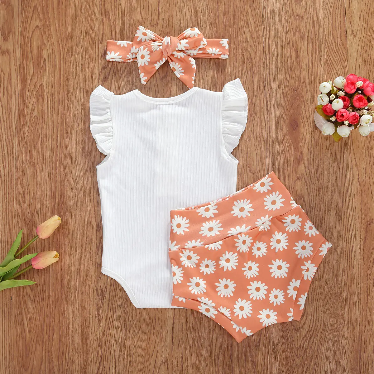 baby clothes penguin set Baby Girl Floral Clothes Sets Summer Baby Girls Ruffles Short Sleeve Romper Tops + Sun Flower Printed Shorts + Headband Outfits baby clothing set essentials