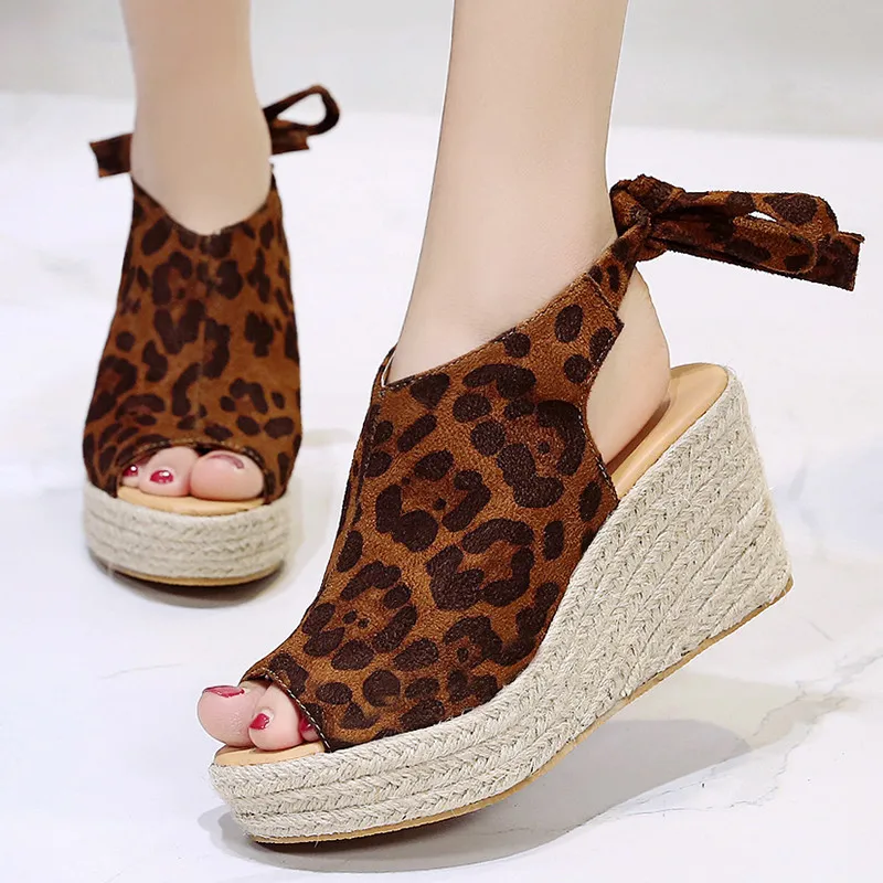 

Summer Women Sandals Leopard Wedges Ankle Lace Up High Heel Platform Height Increasing Beach Ladies Shoes Zapatos Mujer 5815W