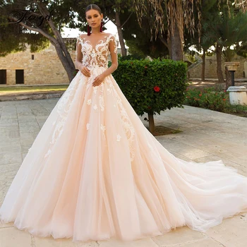 

Traugel Luxury Scoop A Line Lace Wedding Dresses Applique Beading Long Sleeve Bride Dress Court Train Bridal Gown Plus Size