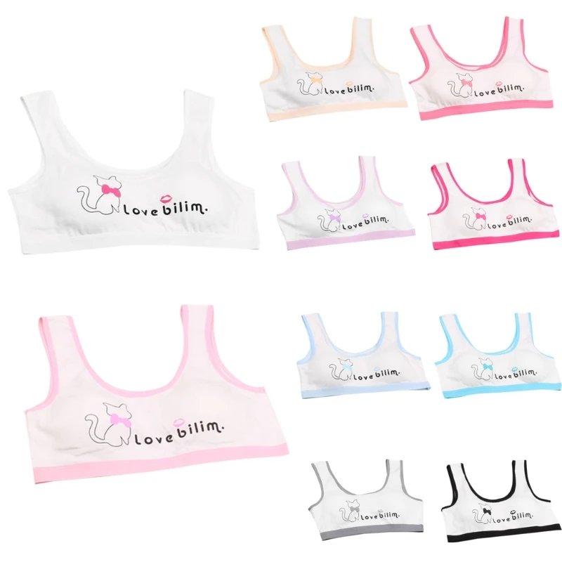 

Young Girl Lovely Cat Cartoon Bra Cotton Teenage Student Underwear Wireless Soft