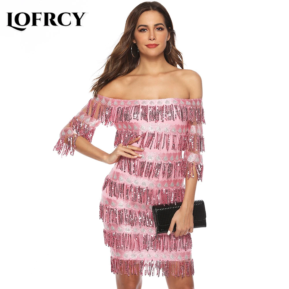 

Lofrcy Sparkling Sequined Tassel Fringe Patchwork Dress Sexy Strapless Backless Tango Stage Latin Dance Dress Club Party Vestido