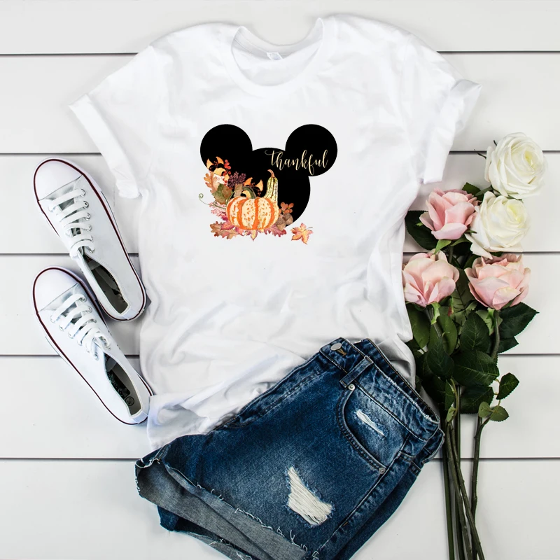 

Women T Ear Pumpkin Thankful Maple Fall Womens Halloween Thanksgiving Top Tshirt Female Graphic Tee Shirt Ladies Clothes T-shirt