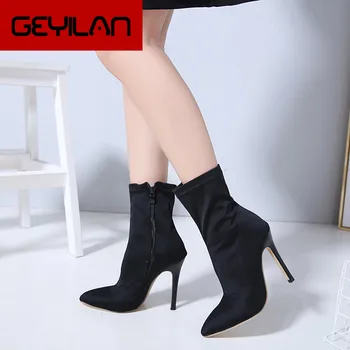 

2018 Women 12cm High Heels Ankle Sock Boots Spring And Autumn Block Heels Fetish Burgundy Pointy Silk Fashion Elegant Shoes