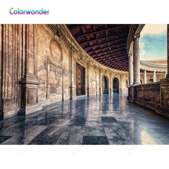 

Bridal Backdrops Royal Grand Wedding Photography Ancient Castle Brick Wall with Black Marble Grid Floor Backdrops for Studio