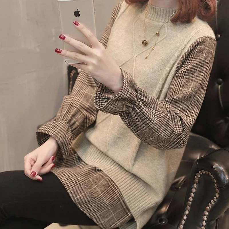 

2021 New Casual Sweaters Women Fake Two Piece Sweaters Plaid Shirt Patchwork Fashion Long Sleeve Loose Pullover Sweaters Female