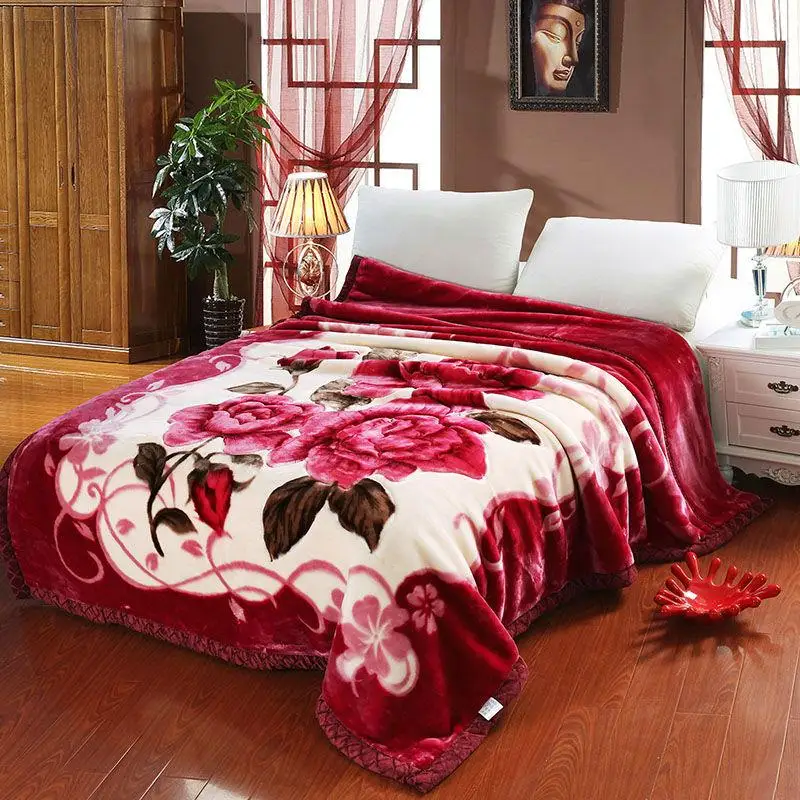 50 Flowers Red Double-side Winter Thick Raschel Blankets Twin Full Queen Size Polyester Bedsheet