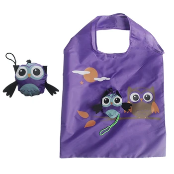 

Cute Cartoon Daily Foldable Wear Resistant Supermarket Large Capacity Owl Pattern With Strap Polyester Durable Shopping Bag