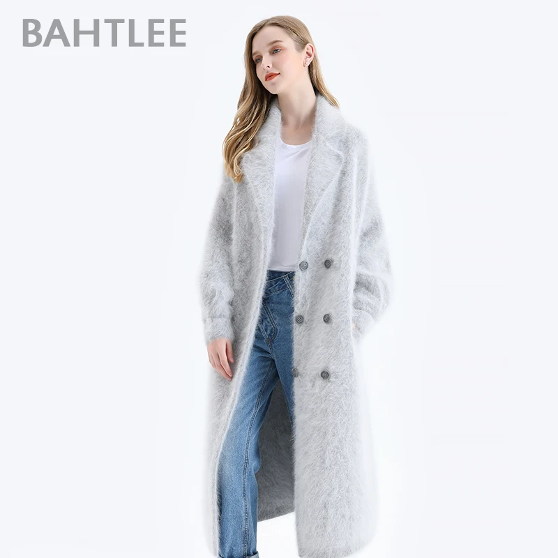 

BAHTLEE Women Angora Double Breasted Long Coat Sweater Winter Wool Knitted Cardigans Jumper Turn Down Collar Lantern Sleeves \