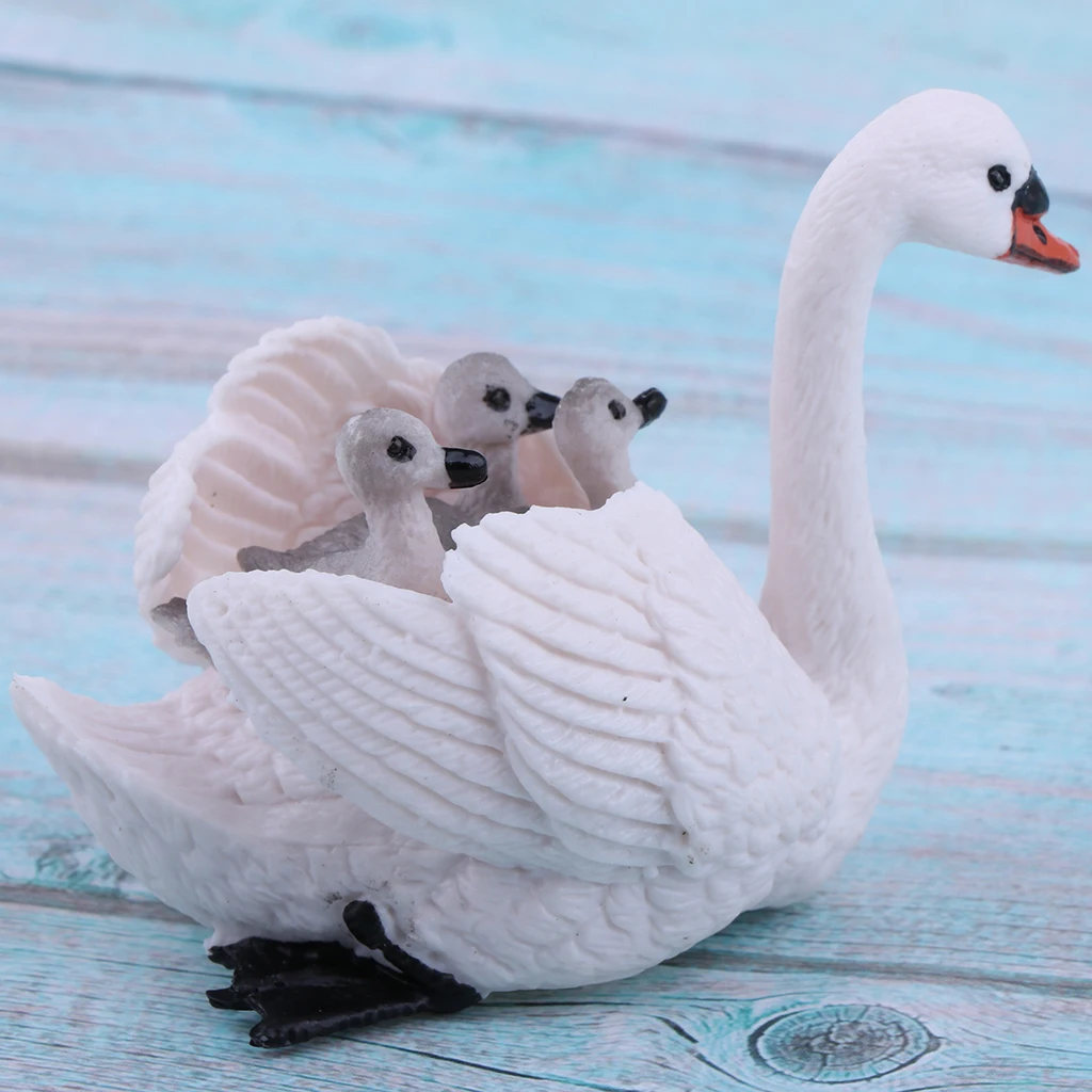 Realistic White Swan with Babies Figurines Model Animal Action Figures, Easter Eggs Cake Toppers Christmas Birthday Gift 