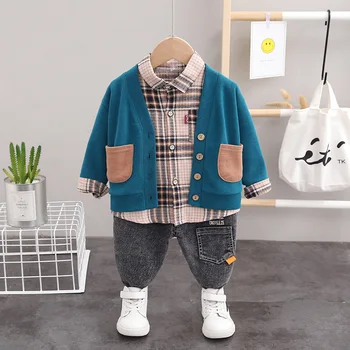 

Children's autumn three piece set Korean Boys Plaid shirt knitted cardigan coat casual jeans foreign style suit 1-4 years old