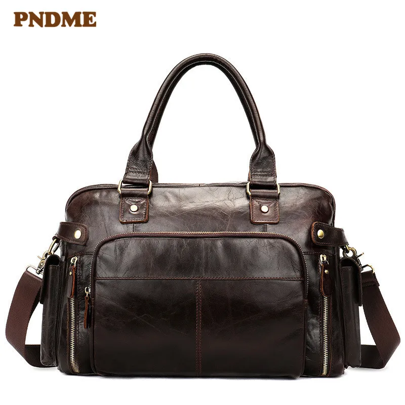 

PNDME high quality genuine leather men's travel bag retro simple large capacity waterproof cowhide luggage duffel bag handbag