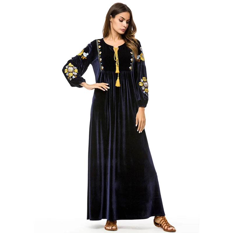 

Muslim Abaya Islamic Dress Kaftan Dubai Women Velvet Long Sleeve Embroidery Casual Navy Blue Fashion Arabic Vestidos New