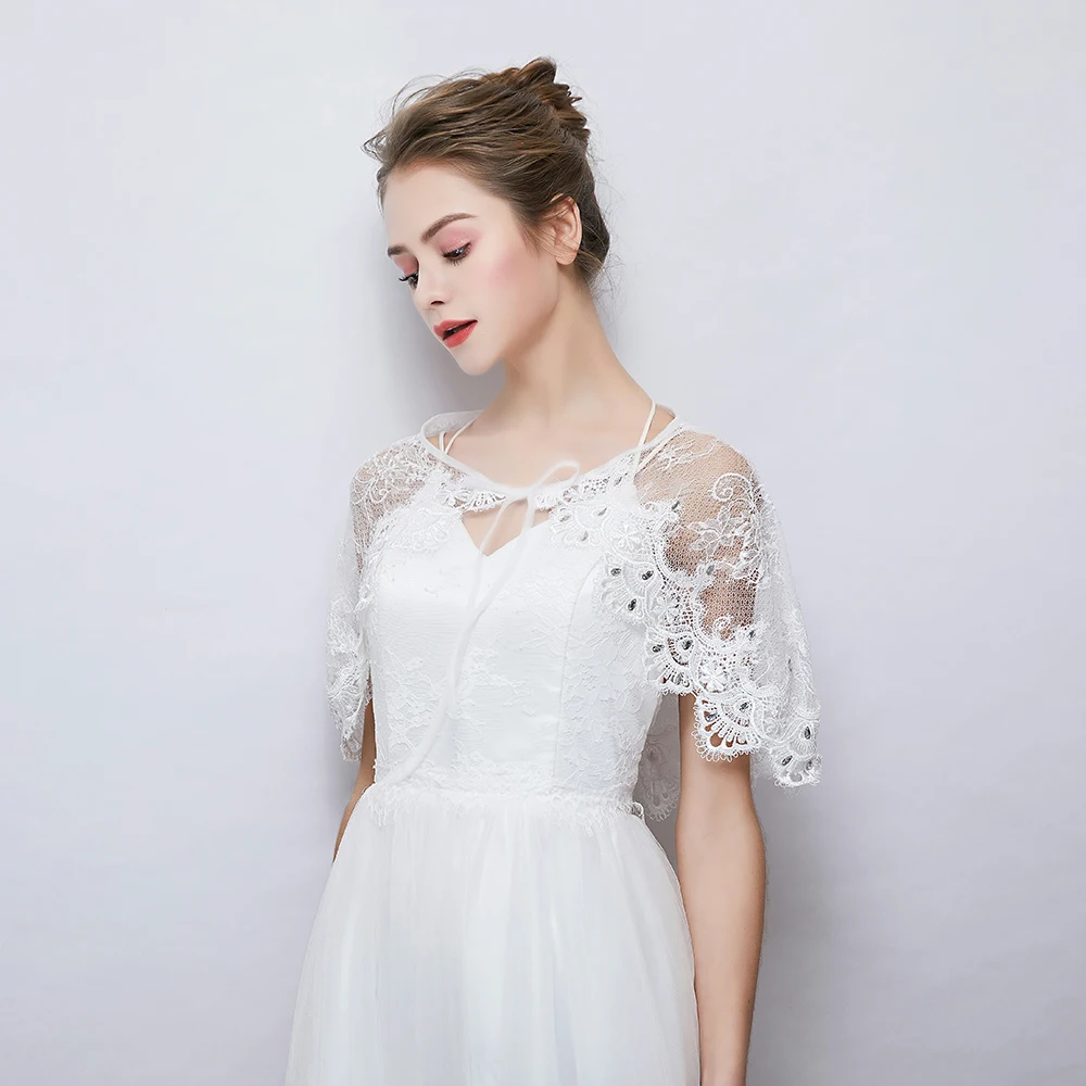 White Sheer Lace Wrap Rhinestone Cover Up Stole for Wedding Bridal Shawl Handmade Lace-up Bolero Women Fashion Jacket