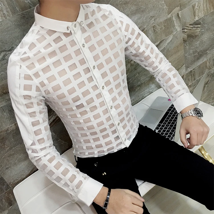 Прозрачная рубашка для мужчин Прозрачная облегающая рубашка Camisa клетчатая рубашка белая черная кружевная Сексуальная рубашка для выпускного вечера вечерние Клубные наряды