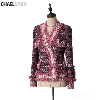 

Fashion Runway Tweed Jacket Female 2019 Autumn Winter Elegant Fringed Trim Long Sleeves Slim Jacket Overcoat