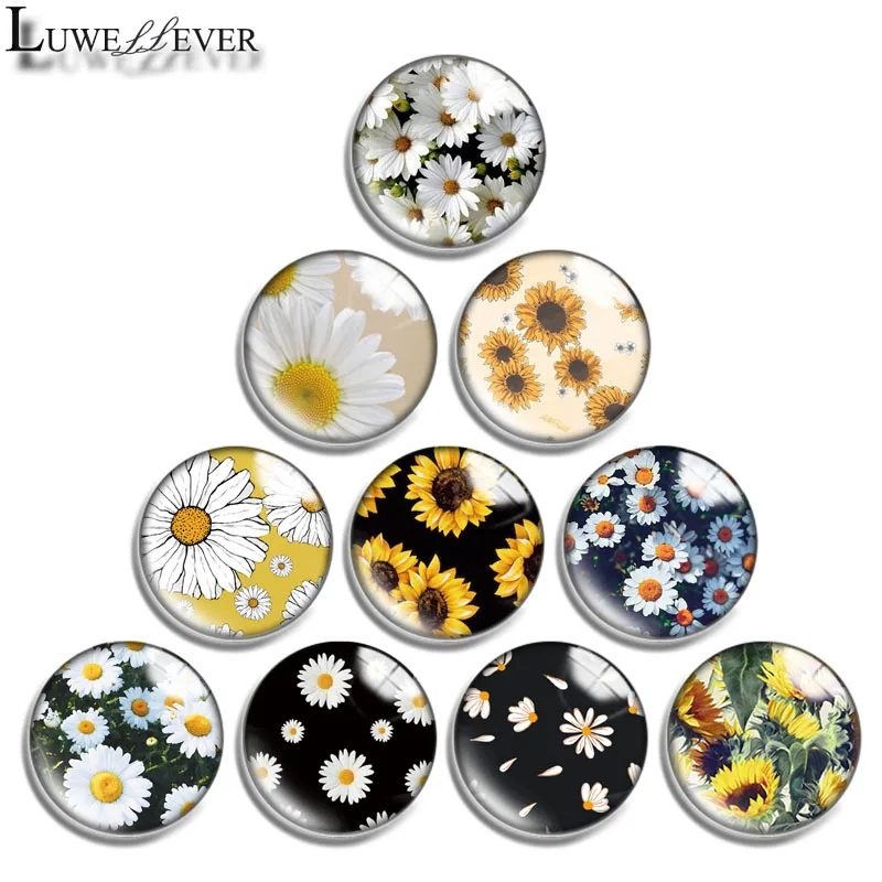 

12mm 16mm 20mm 25mm 30mm 35mm 623 Sunflower Mix Round Glass Cabochon Jewelry Finding 18mm Snap Button Charm Bracelet